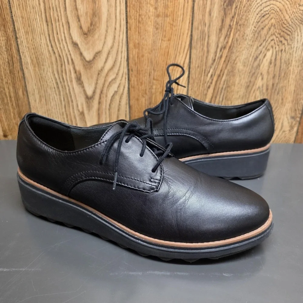 Clarks Shoes Womens 10 Black Leather Lace Up Oxford Comfort Walking Platform
